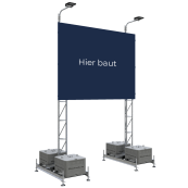 Mounting device | for various advertising board sizes | Dimensions of advertising board: 4.00 x 3.00 m consisting of: | 2 x set up frame, galvanized (part-no. 35350) | 4 x concrete set up device, 1000 kg (part-no. 3F121) | 2 x lattice tower, galvanized, 6150 mm (part-no. 353017) | 4 x board holder 4.00 x 3.00 m (part-no. 353340) | 8 x rotary coupler, galvanized (part-no. 3F120-5) | with insect-friendly spotlight, consisting of: | 1 x spotlight mount, galvanized (part-no. 3533H) | 1 x insect-friendly spotlight, light color: 3000 K (part-no. 3531S1IF) | 2 x swivel coupling, galvanized (part-no. 3F120-5)